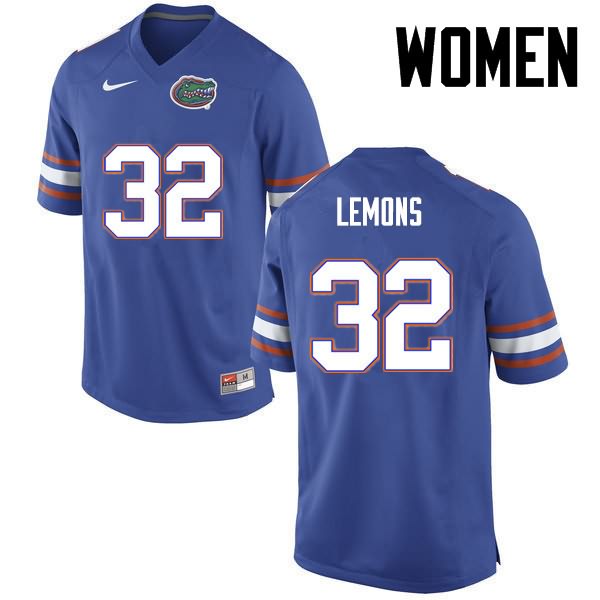 NCAA Florida Gators Adarius Lemons Women's #32 Nike Blue Stitched Authentic College Football Jersey VHF5564TX